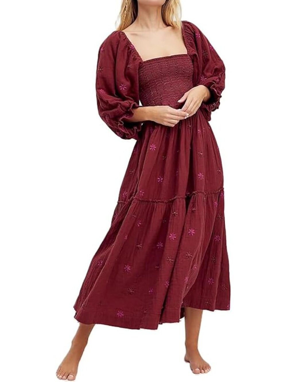 Women Floral Embroidered Maxi Dress Long Puff Sleeve Square Neck Bohemian Flowy